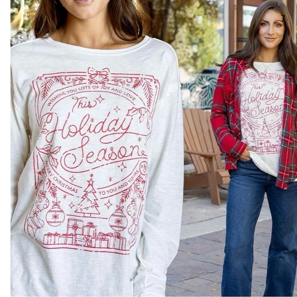 NWT Grace & Lace Long Sleeve Slub GraphicTee Holiday Greeting Card Size Medium